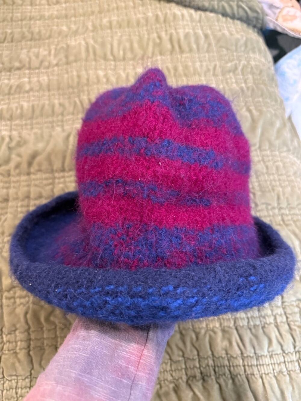 Artisan, handmade Fuzzy Striped Wool Bucket Hat - Purple & Magenta